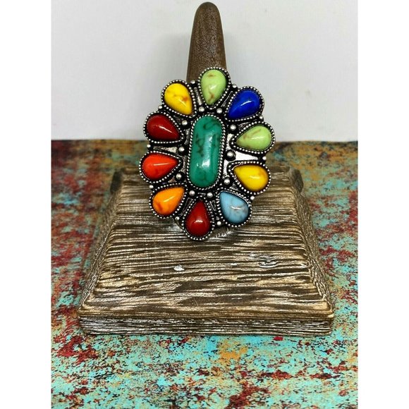 Western Flower Turquoise Multi Color Silver ring - Picture 6 of 11